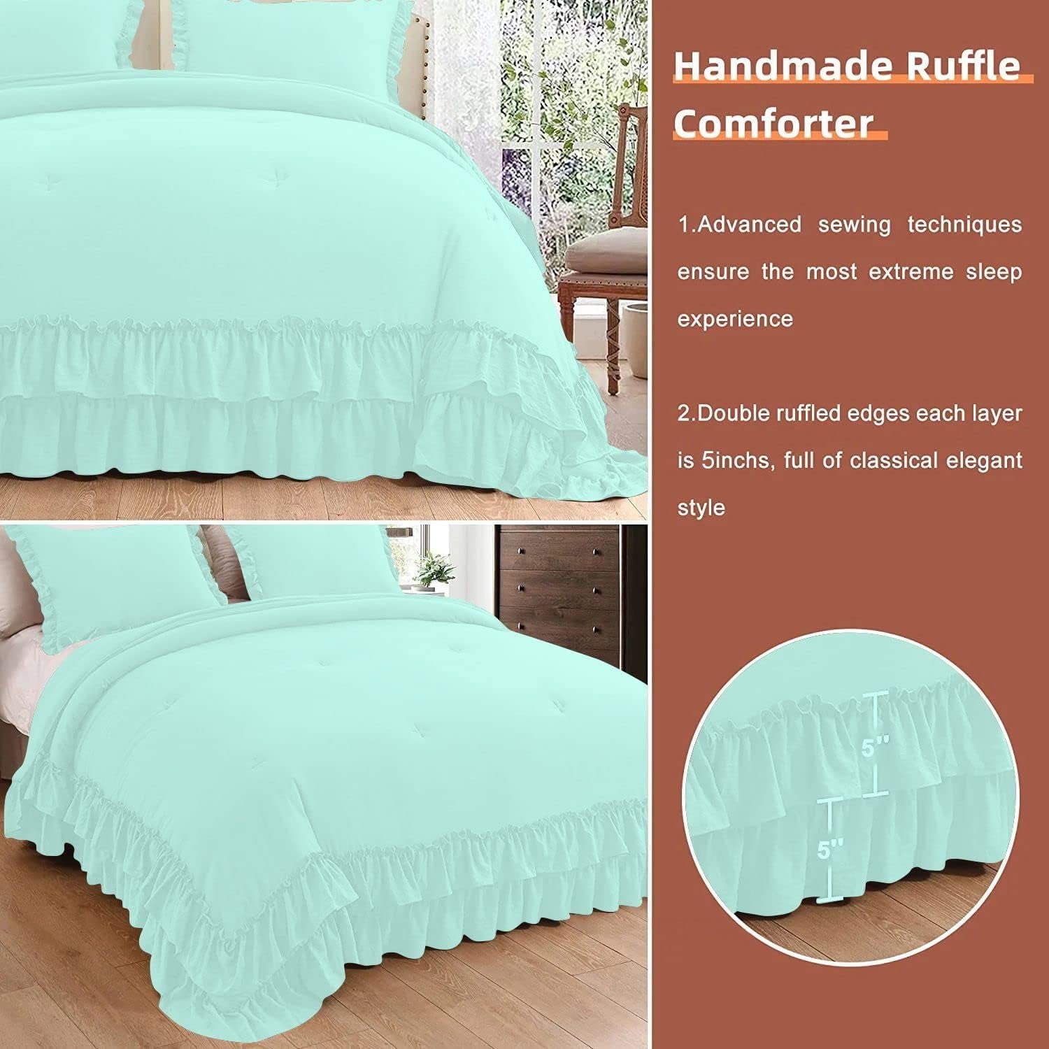 5 Piece Luxury 5 Inch Two Layer Ruffle Comforter 550 GSM All Season (Oversized King Size) Premium Super Soft - 800 TC, 100% Egyptian Cotton- Solid Auqa Blue Colour