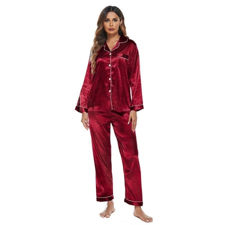 

Women s Silk Satin Pajamas Set Short Sleeve Sleepwear Two Piece Button Down Pj Set with Pockets
