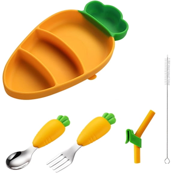 Toddler Plates with Suction, Silicone Suction Plates for Baby, Cute Carrot Divided Plates and Utensils Set, Non Slip, BPA Free, Feeding Set for 1-5 years old