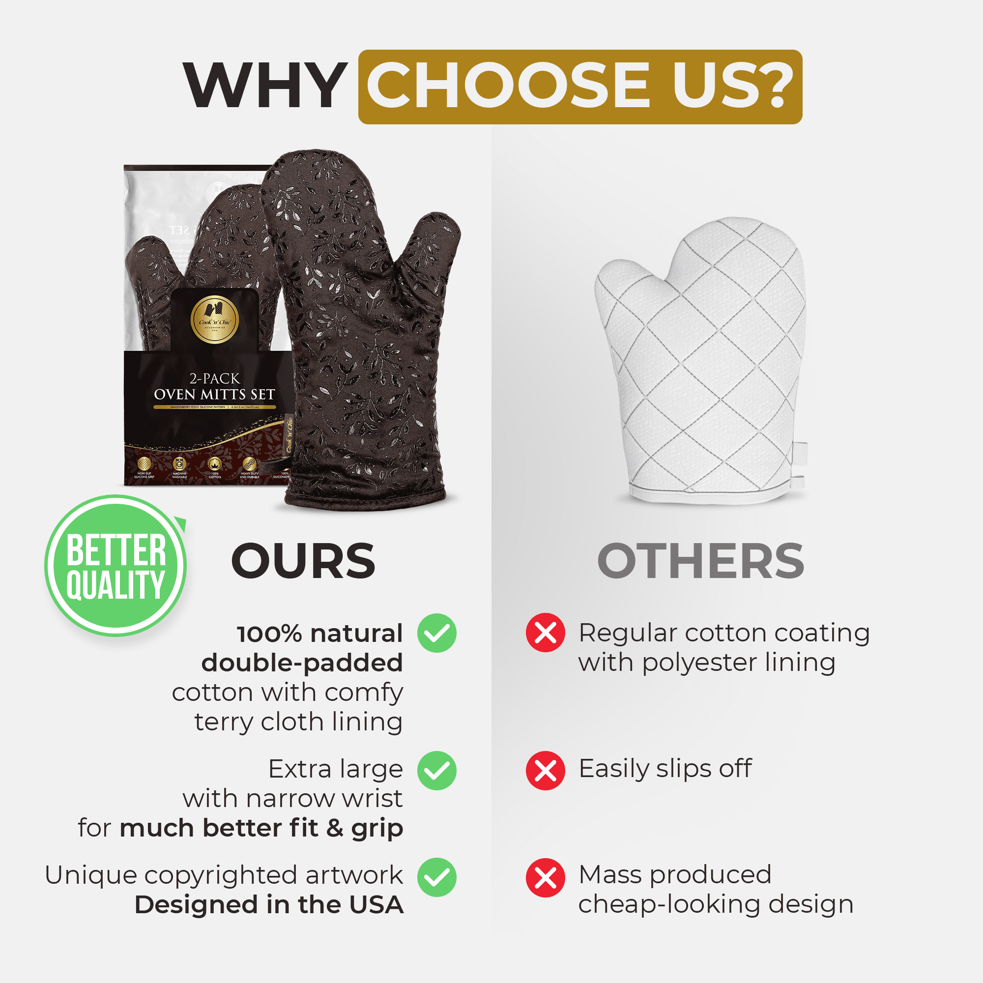 Premium Heat-Resistant Oven Mitts - Stylish and Beautiful - Non-Slip Platinum Silicone Grip - Long and Thick - 100% Natural Cotton Exterior and Soft Terry Cloth Lining - Set of 2 by Cook'n'Chic