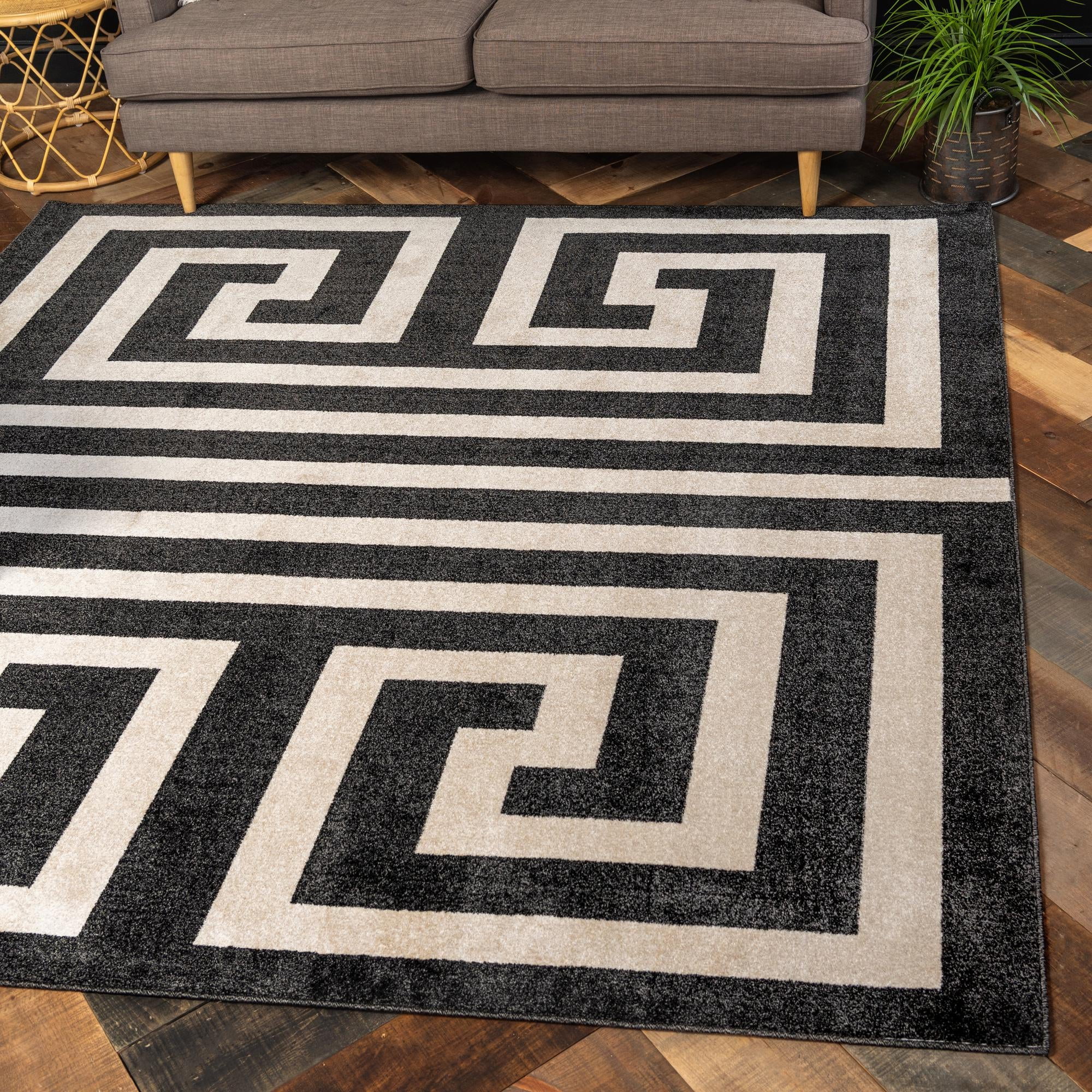 Unique Loom Greek Key Athens Rug Black/Beige 7' 10" Square Geometric