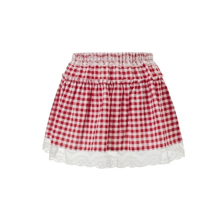 GXFC Women Babydoll Plaid Short Skirts Junior Girls Floral Lace Patchwork A-Line Skirts Elastic Waist Frill Trim Hem Mini Skirts Ladies Cute Fashion Classic Casual Skirts for Daily Party