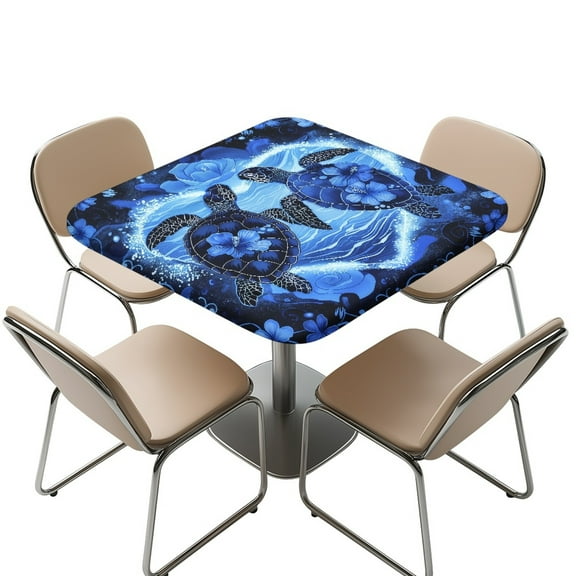 FKELYI Blue Hibiscus Floral Turtle Print Square Fitted Table Cover Tablecloth with Elastic Edge Stretchable Card Tables Top Cover for Dining Kitchen Home Party, 36x36 inch