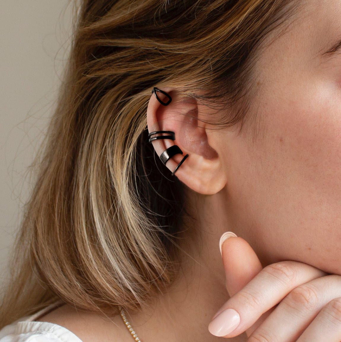 Chic & Artsy Ear Cuffs 925 Sterling Silver Black Ear Cuffs Set Fake Ear Cuffs Non Piercing Ear Conch Clip on Cartilage Earrings for Women Men | 4 Various Styles
