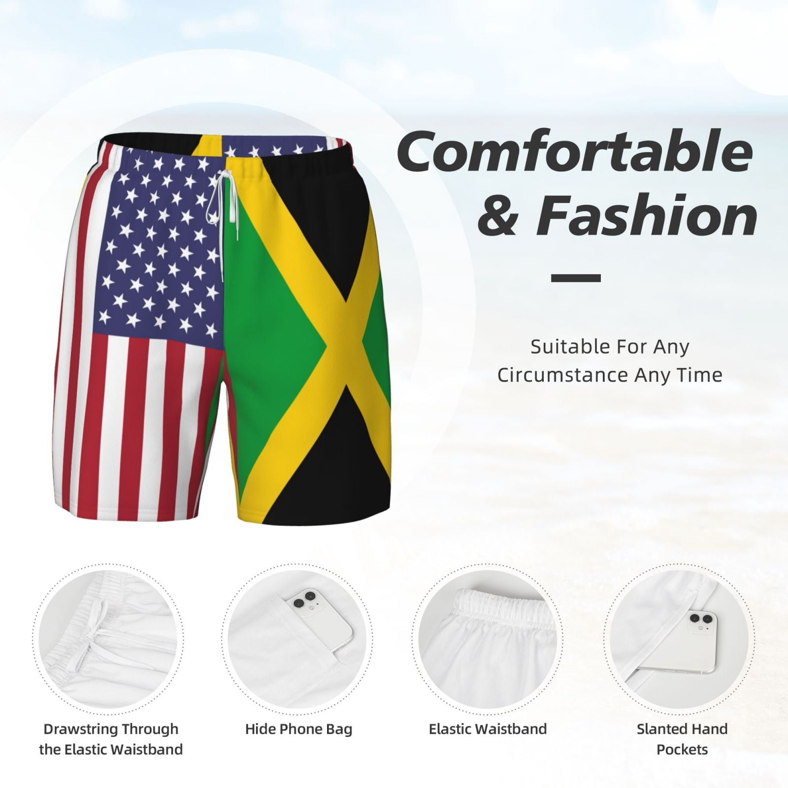 Men's America Jamaica Flag Swim Trunks with Compression Liner Bathing Suit Swimwear