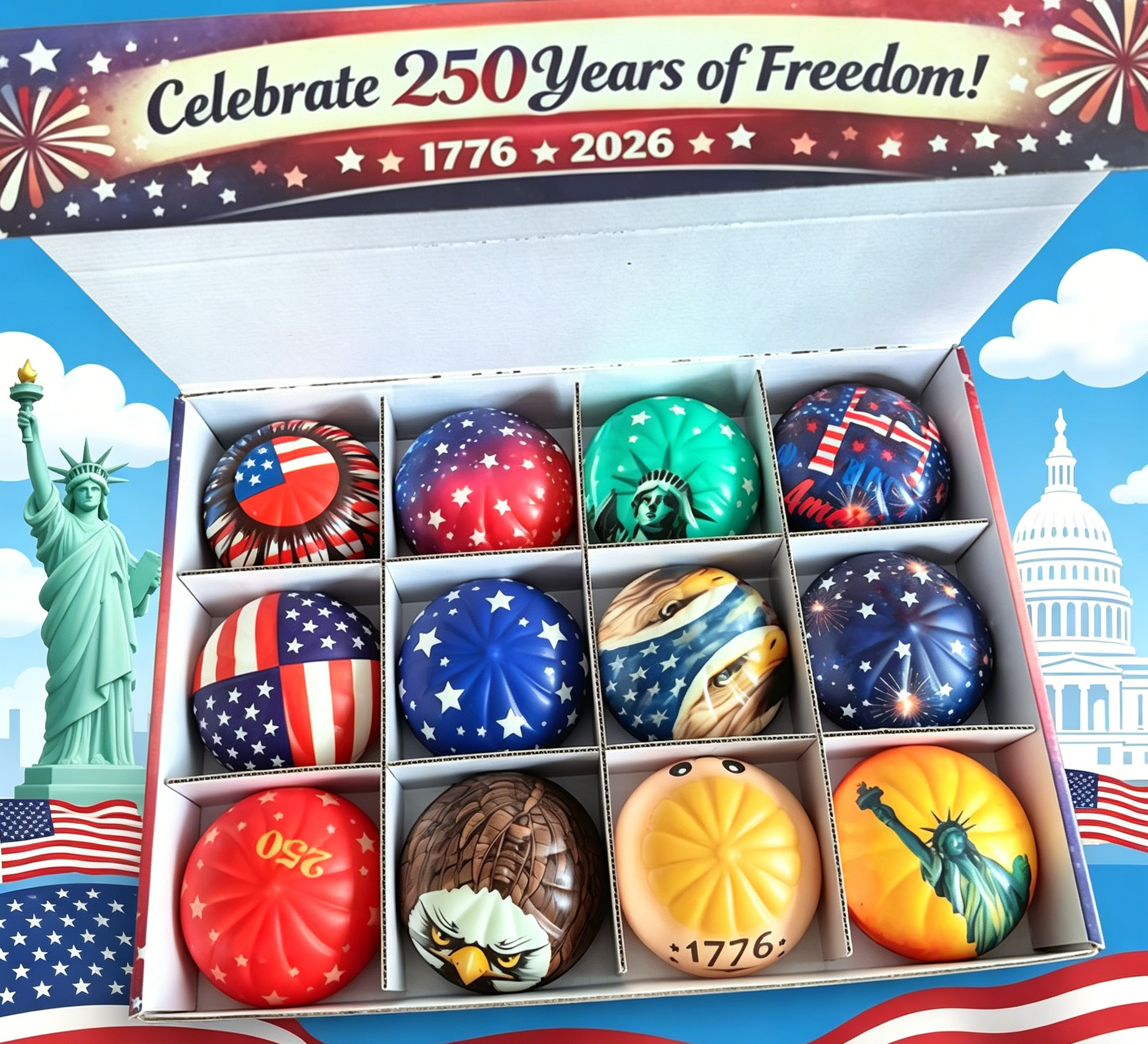 12 Pcs Liberty Dumplings 1776-2026 USA 250 Year Anniversary Dumpling Squishies, Squishy Fidget Fidget Toys for Anxiety Relief, 250 Anniversary USA Giant Glitter Dumplings Box for Adults (Muticolor)