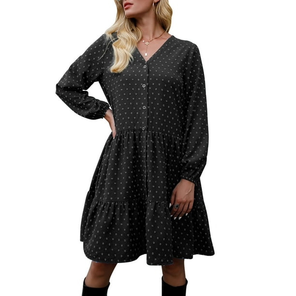 Vestido de manga larga para mujer Dots Cuello en V Una línea Vestido suelto de vacaciones Eccomum Blanco/XXL
