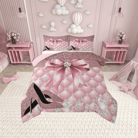 Erosebridal Pink Bowknot High Heels Bedding Twin Comforter Set,Dreamy Princess Down Comforter,Breathable Reversible Bedding Sets Twin with Comforter,Bling Room Decorative,3pcs