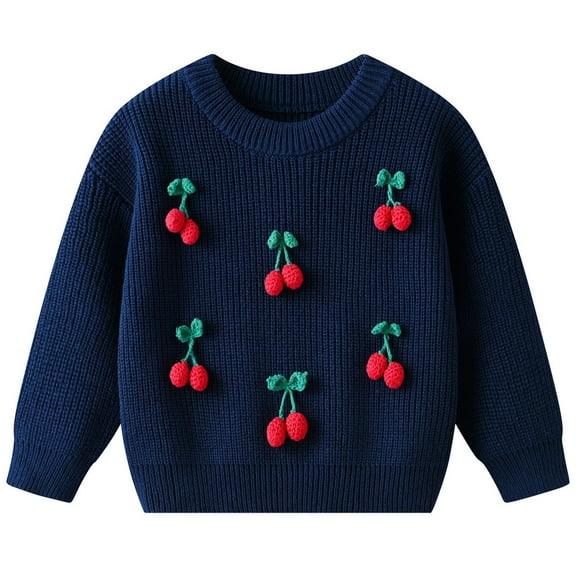 Kids Crewneck Sweaters Boys Girls Baby Cherry Knit Sweater Cute Kawaii Pullover Fall Winter Clothes Dark Blue, 7 Y