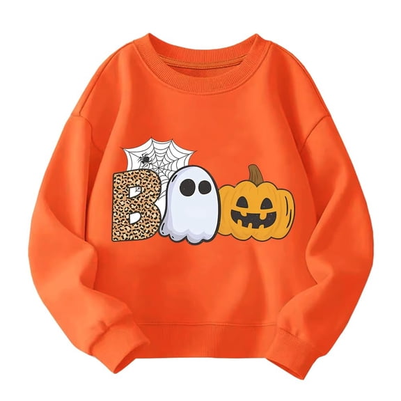 CUZIBR Toddler Girls Halloween Crewneck Sweatshirt Pumpkin Ghost Leopard Graphic Pullover Long Sleeve Leisure Streetwear,Orange,2-3 Years