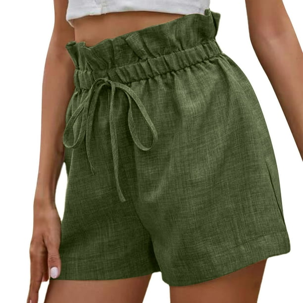 Aayomet Womens Shorts Summer High Shorts Cotton Waist Casual Women Shorts  Elastic and Solid Women Shorts (Army Green, M) 