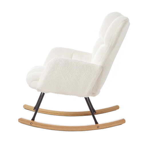 Glider Chair for Living Room, Tufted Upholstered Teddy Fabric Rocking Chair with Metal Frame, High Back Ergonomic Accent Chair, 300LB Capacity Ivory Comfort Chair for  Bedroom