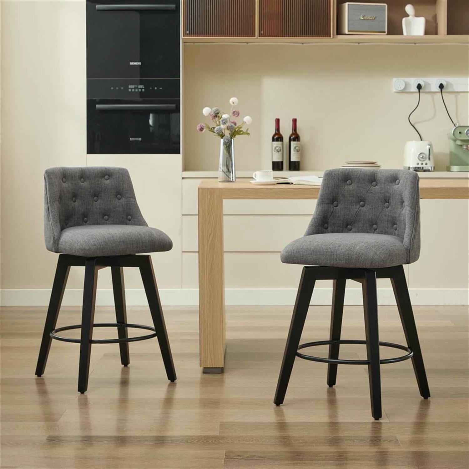 Demi Bonn 35" Counter Height Bar Stools Set of 2, Linen Fabric Swivel Barstools with Tufted Back, Kitchen Island Countertop Chairs for Dining Room, Gray