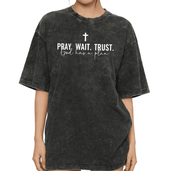 Women's Pray Wait Trust God Has A Plan Christian Cross Graphic Casual Short Sleeve Washed Tee Black S-2XL Plus Size