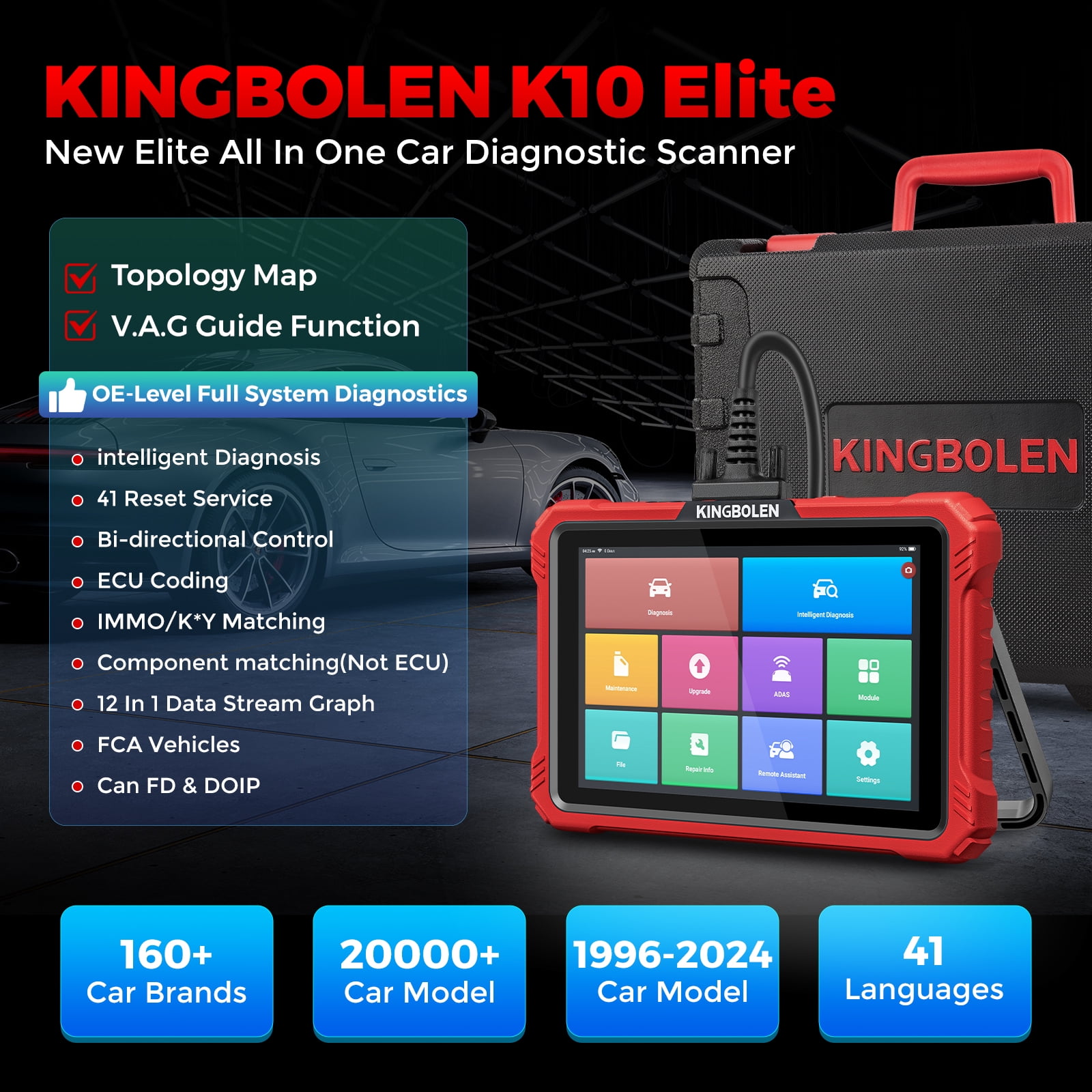 KINGBOLEN K10 Elite Full Systems Car Scan Tool with Topology Graph, OBD2 Diagnostic Scanner with 40+ Resets,Bidirectional ,FCA AutoAuth,SGW,ADAS,CAN-FD & DoIP