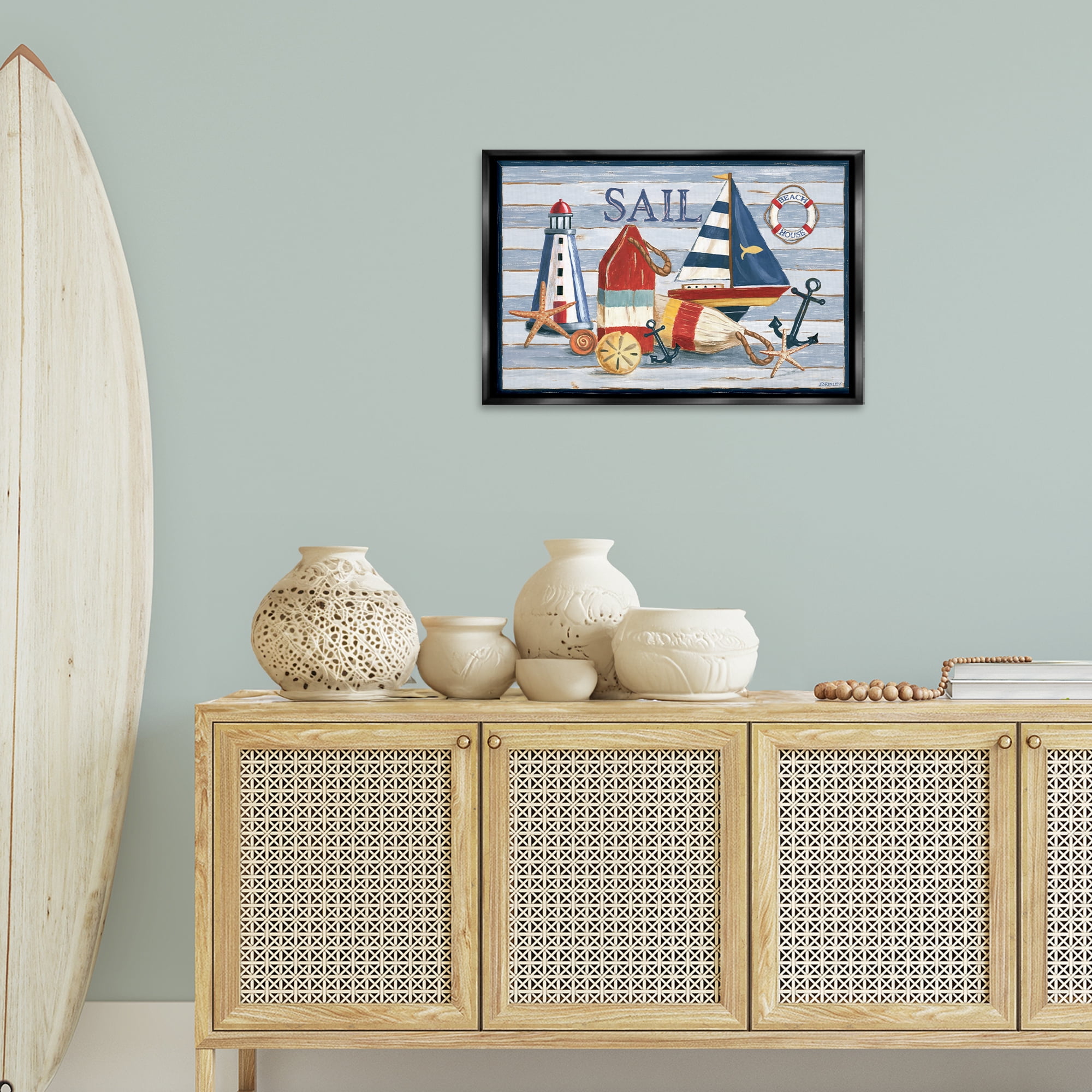 Stupell Industries Striped Nautical Still Life Nautical & Beach Painting Black Floater Framed Canvas Art Print Wall Art, 25 x 17