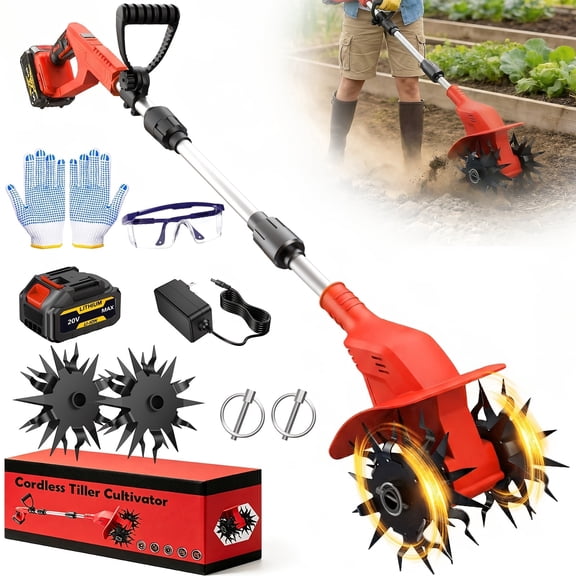 20V Cordless Tiller Cultivator, 360RPM Electric Garden Tiller, with 1 * 4.0Ah Batteries & Charger, 9in Tilling Width And 6.6in Depth Garden Rototiller for Lawn/Gardening