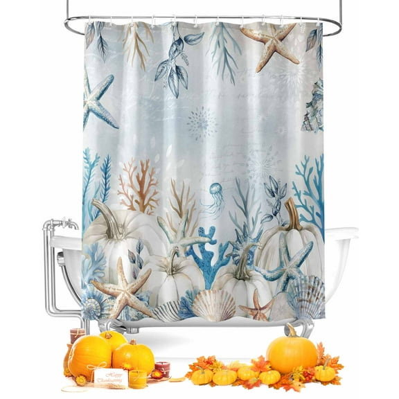 Fall Shower Curtain Coastal Coral Starfish Shell Bathroom Curtains with Hooks, Waterproof Fabric Blue White Pumpkin Thanksgiving Bath Shower Curtains Set for Bathroom Bathtubs Decor 36x72 Inch