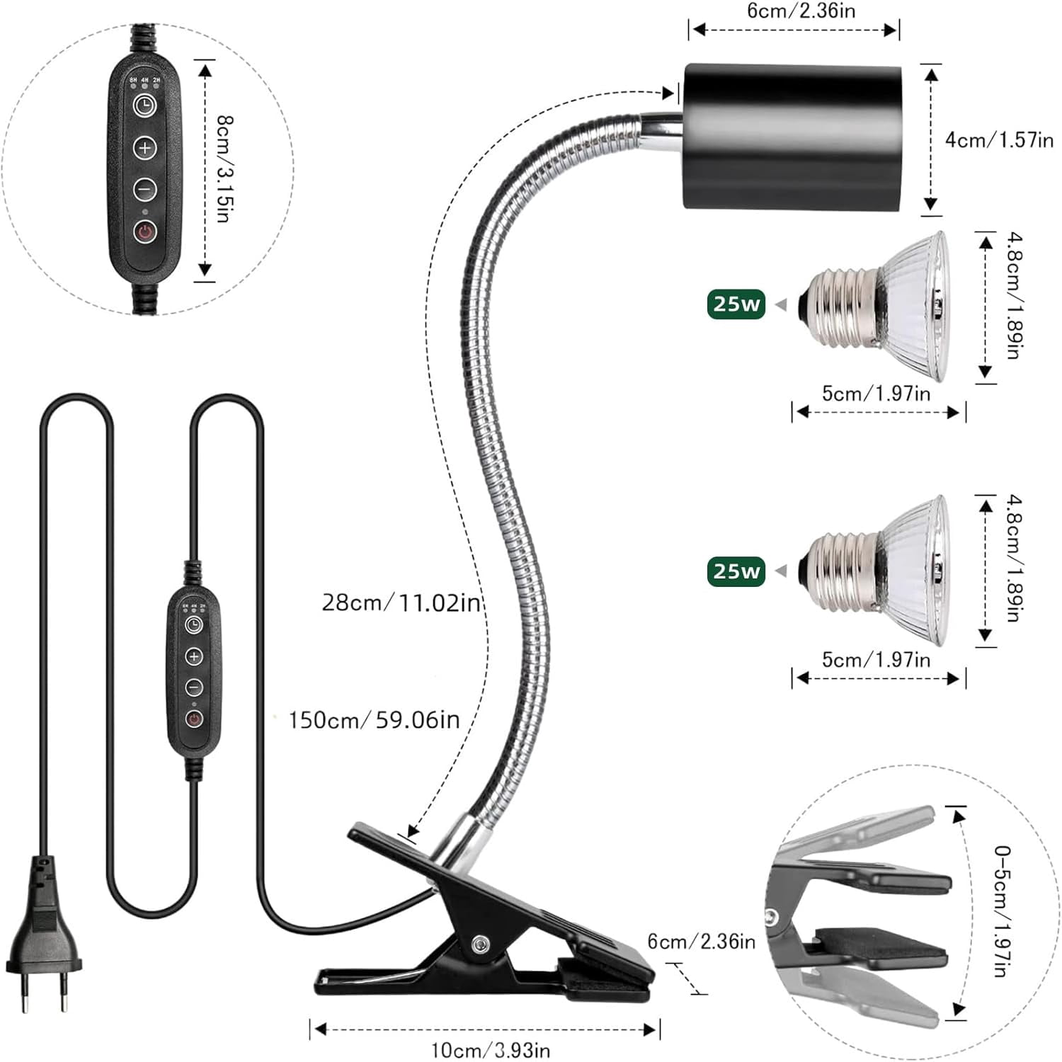 Turtle lamp, UVB/UVA lamp for turtles, with adjustable light switches and timer, can be rotated 360 degrees, with clip accessories, suitable for turtles and reptiles