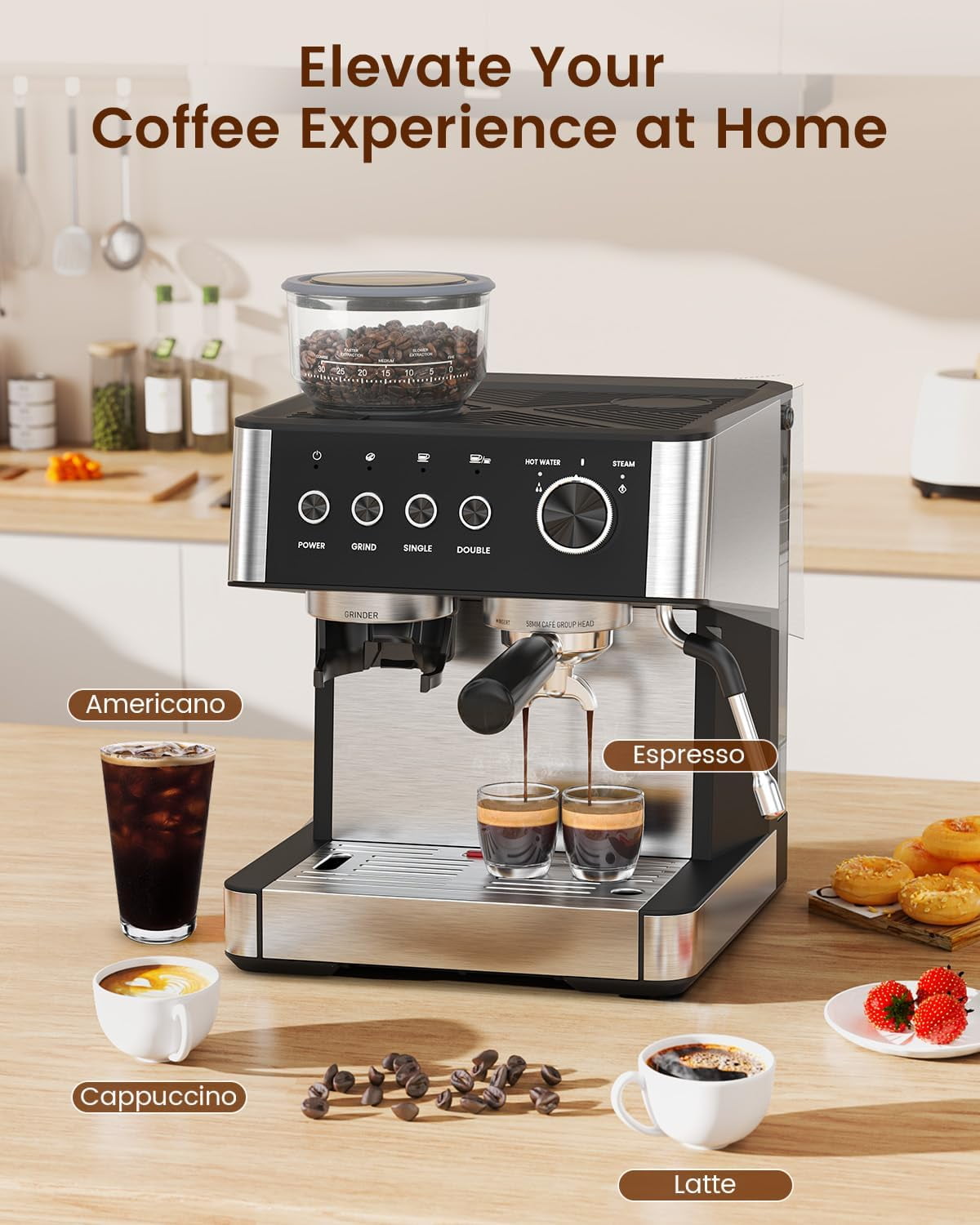 FREE VILLAGE Coffee Maker with Grinder, 20 Bar Expresso Coffee Machines with Milk Frother Steam Wand,Professional Espresso Maker with Removable Water Tank,Cappuccino & Latte Machine for Home