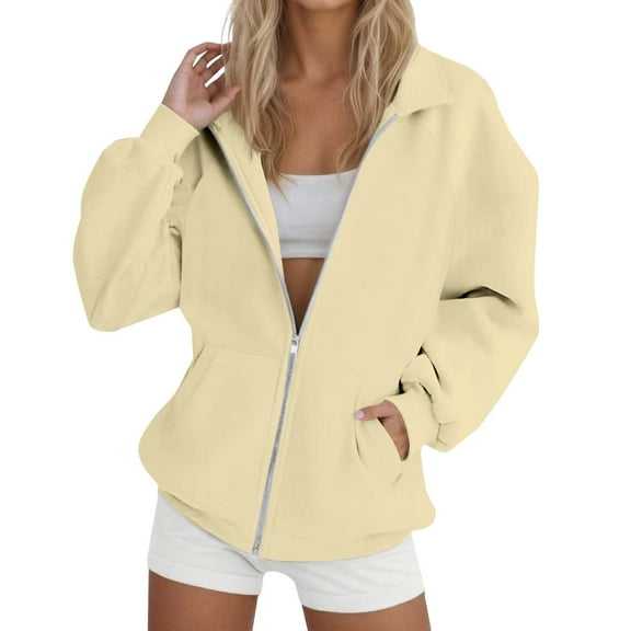Women's Oversized Solid Color Zip Up Hoodie with Lapel Collar, Soft Breathable Pullover Sweatshirt, Loose Fit Casual Streetwear Top for Daily Fashion, Parties and Vacation Outfits Beige L