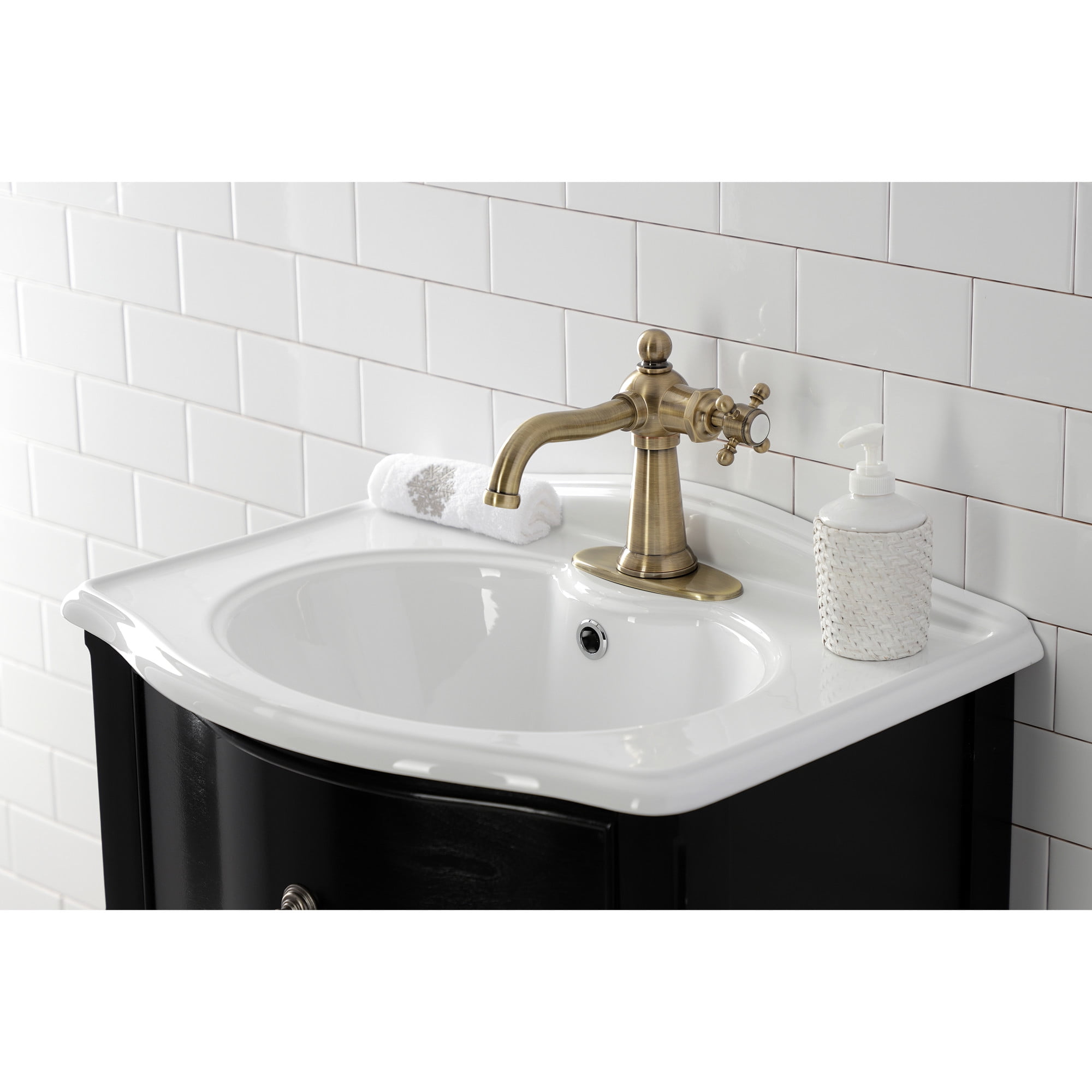 Kingston Brass KSD154BXAB Nautical One-Handle Single-Hole Bathroom Faucet with Deck Plate and Push Pop-Up Drain, Antique Brass