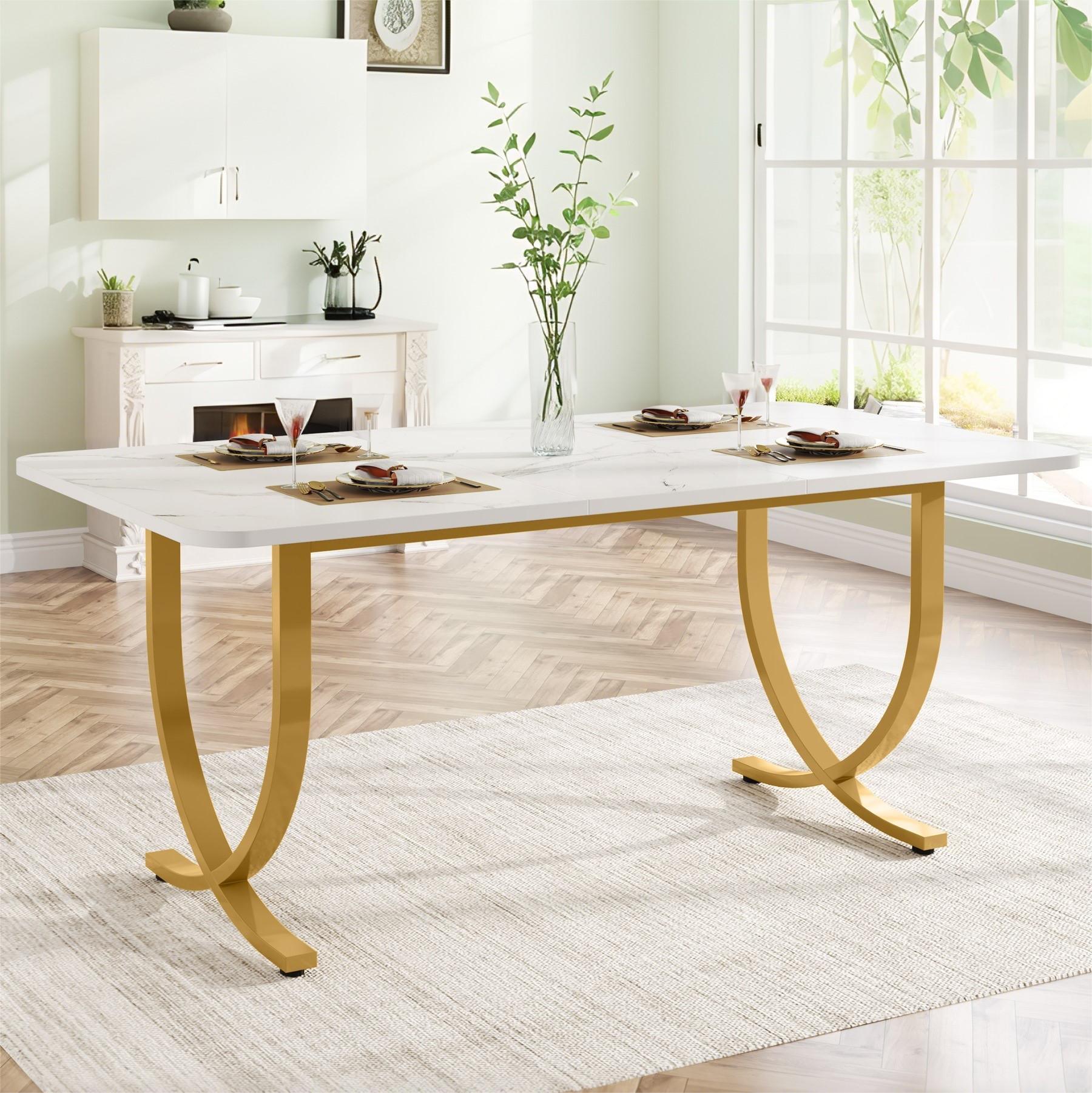Fnova 63" Modern Long Dining Table for 6 people, Rectangular Faux Marble Kitchen Table with Metal Legsfor Dining Room, White Gold
