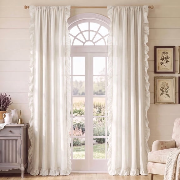 NICETOWN White Ruffle Curtains for Bedroom Living Room Decor, Shabby Chic Curtains Thick Linen Blend Rod Pocket Farmhouse Window Drapes, 52 x 84 Inch, 2 Panels