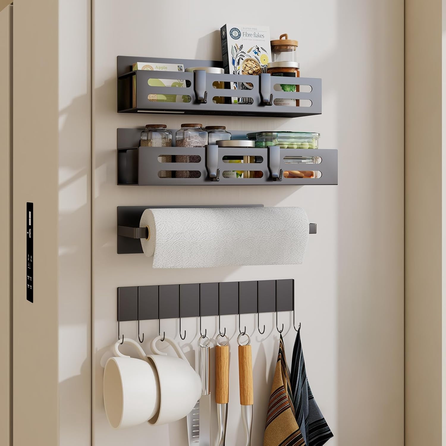 RGHJAR-4 Pack Magnetic Spice Rack for Refrigerator with 4-Hook Rack and Paper Towel Holder, Black Magnetic Shelf and Fridge Kitchen Cabinet Organizers Storage Seasoning Organization Mini Shelves.