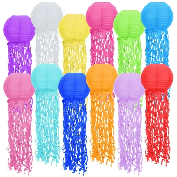 12 PCS Jellyfish Paper Lanterns, Mermaid Themed Hanging Decorations for Beach Parties, 10 x 27.5 in Colorful Paper Lanterns for Little Ones' Rooms, Summer Parties, Ocean-Themed Events