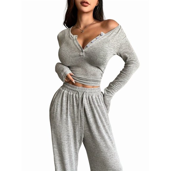 Women'S 2 Piece Matching Lounge Sets Long Sleeve Henley Neck Slightly Crop Top Wide Leg Pants Sweat Suit Gray XL