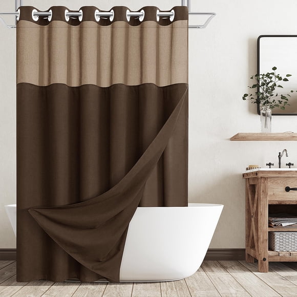 Cortina de ducha Jowels sin ganchos de lino con forro, 180 x 190 cm, color marrón