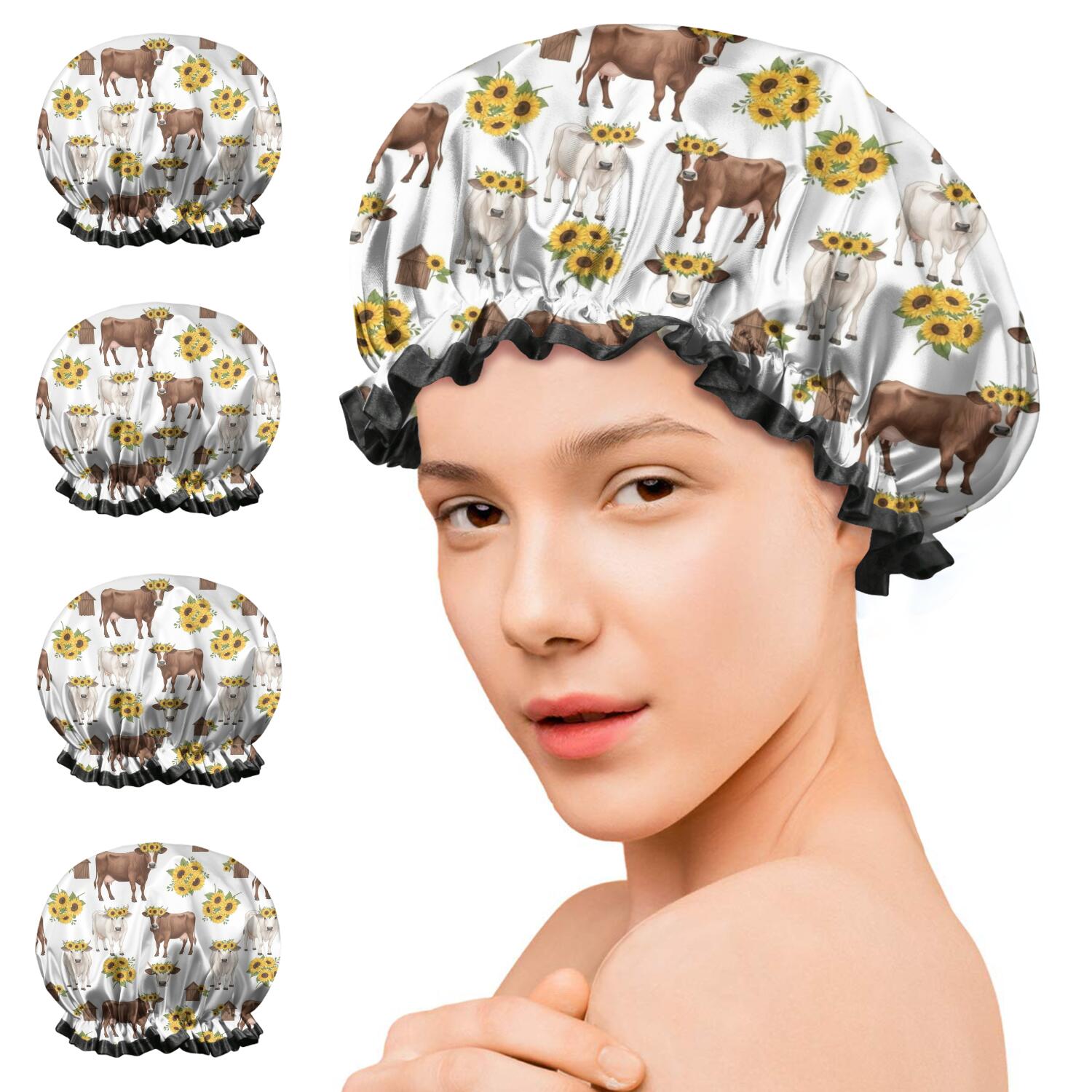 Shower Caps,White Cow Sunflower Pattern Waterproof Shower Cap for Women 4 Pieces,Double Reusable Hair Cover for Shower PEVA Elastic Stretch Hem