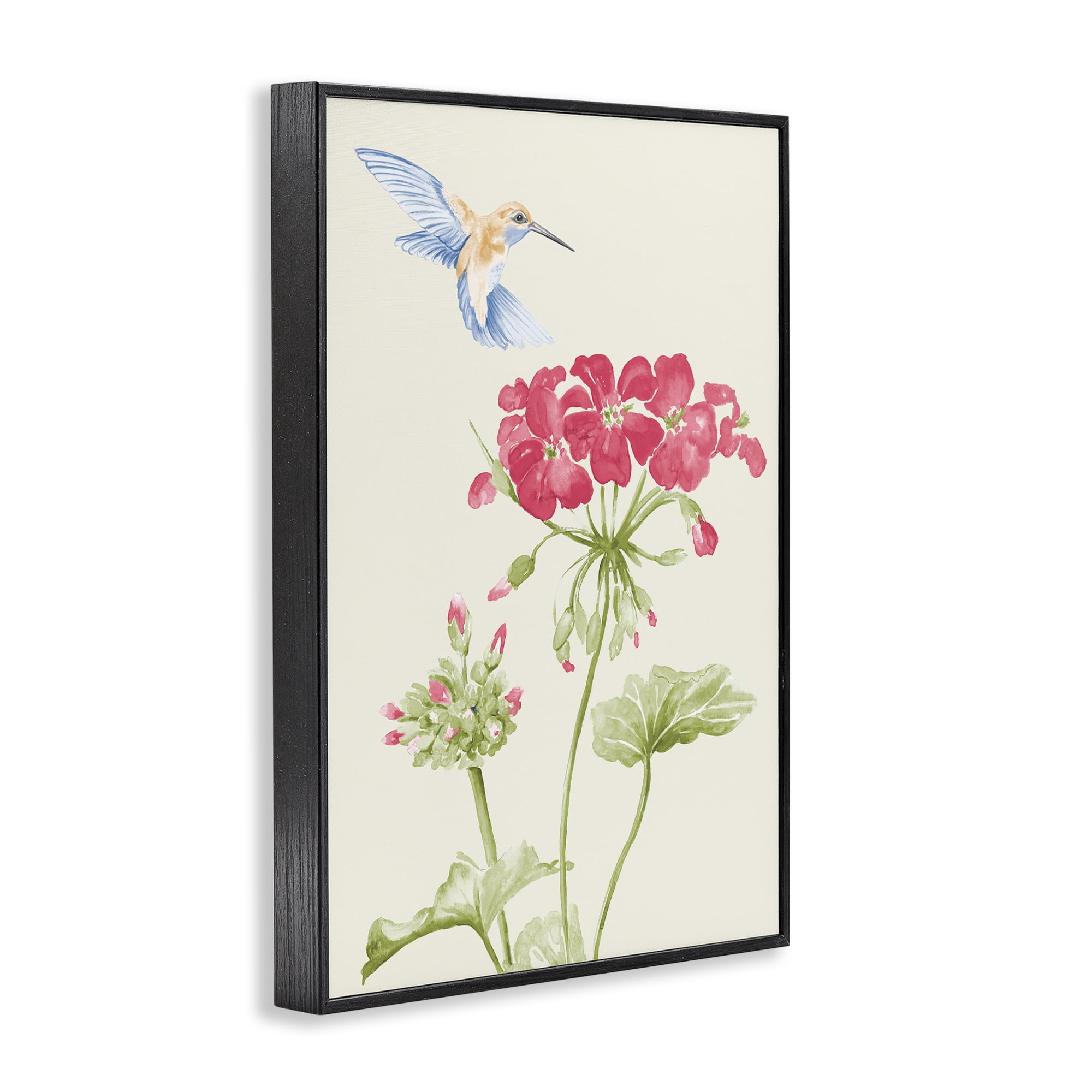 Stupell Industries Geraniums & Hummingbird Botanical & Floral Painting Black Framed Art Print Wall Art, 16 x 24