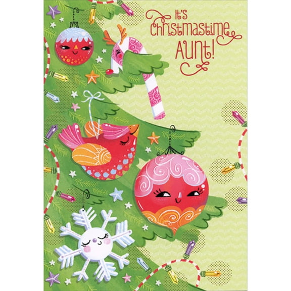 Designer Greetings Smiley Faced Candy Cane, Globe, Bird and Snowflake Ornaments on Tree Juvenile Christmas Card for Aunt