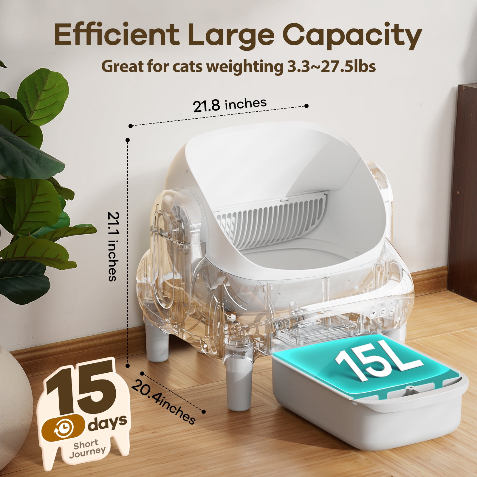 Self Cleaning Litter Box, 95 L Automatic Cat Litter Box Self Cleaning for Multiple Cats, with Safety Protection, App Control,1 Roll Garbage Bags,White