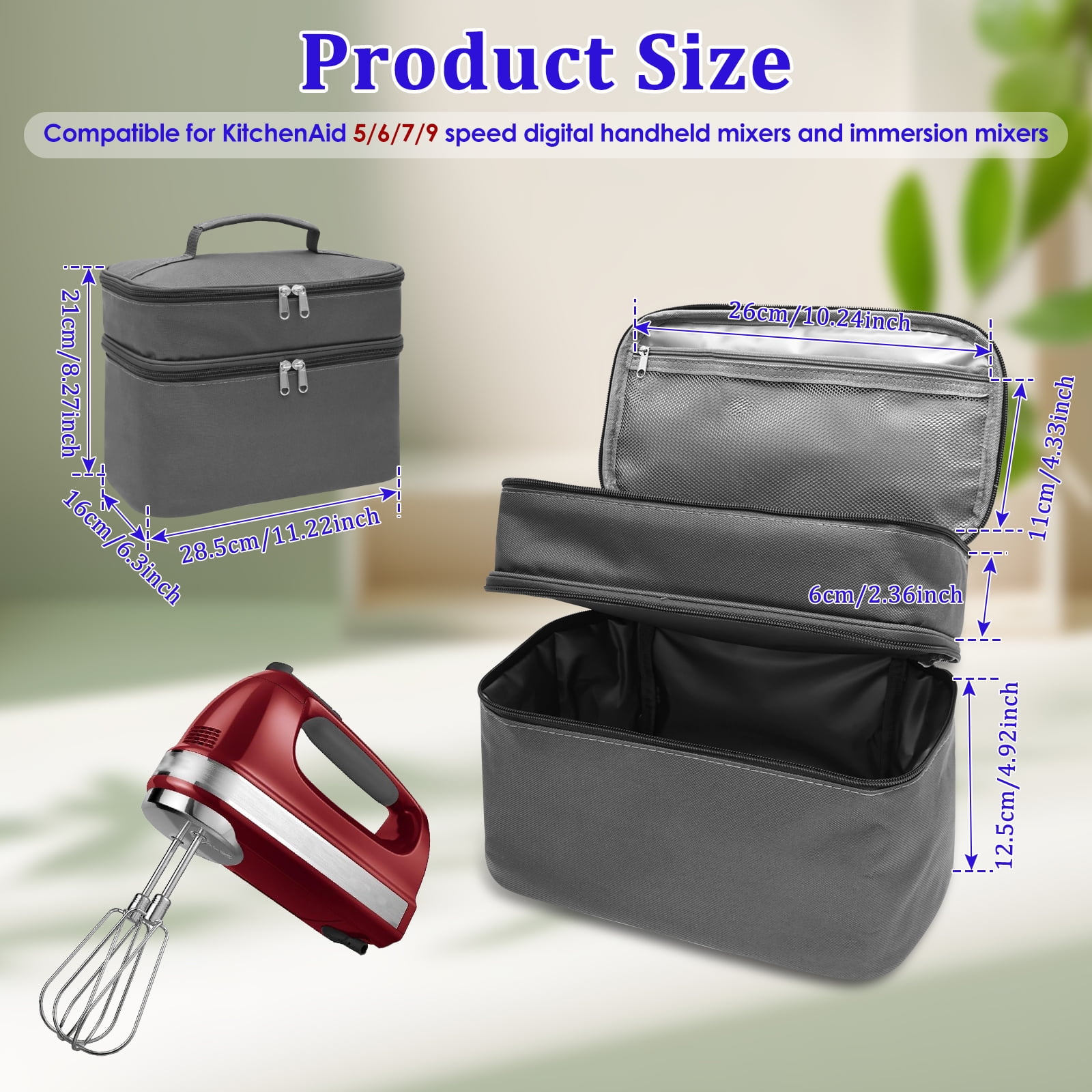 Grusce Hand Mixer Case, Immersion Blender Attachment Storage Bag Blender Stick Handheld Carrying Case with Handle, Hand Mixer Accessories Portable Travel Organizer