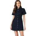 thumbnail image 1 of Mini vestido vaquero de mezclilla con botones en la parte delantera y manga corta abullonada para mujer Azul Profundo S, 1 of 6