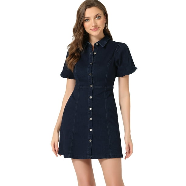 Mini vestido vaquero de mezclilla con botones en la parte delantera y manga corta abullonada para mujer Azul Profundo S