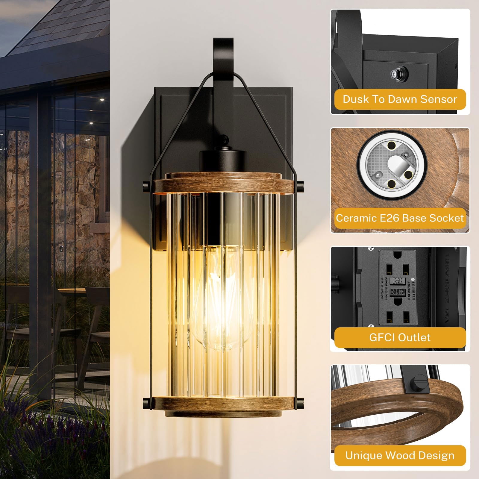 Dusk to Dawn Outdoor Porch Light with GFCI Outlet Anti-Rust Waterproof Industrial Outdoor Lantern Exterior Work Lights Rustic Wall Light,1 Pack