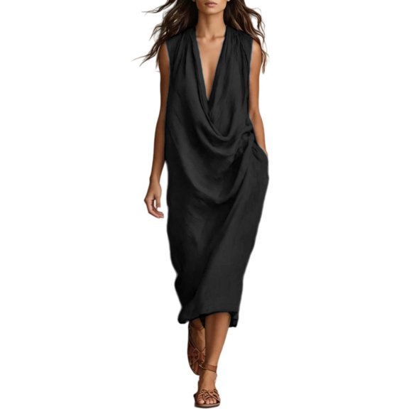 SONXAHE Side-Pocket Midi Dress for Women Sleeveless Cowl-Neck Weekend Casual Mid-Length Dresses