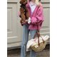 thumbnail image 4 of Abrigo rosa con cuello en V para mujer, Chaqueta corta de manga larga con botonadura única, ropa de calle informal, moda de otoño, 4 of 5