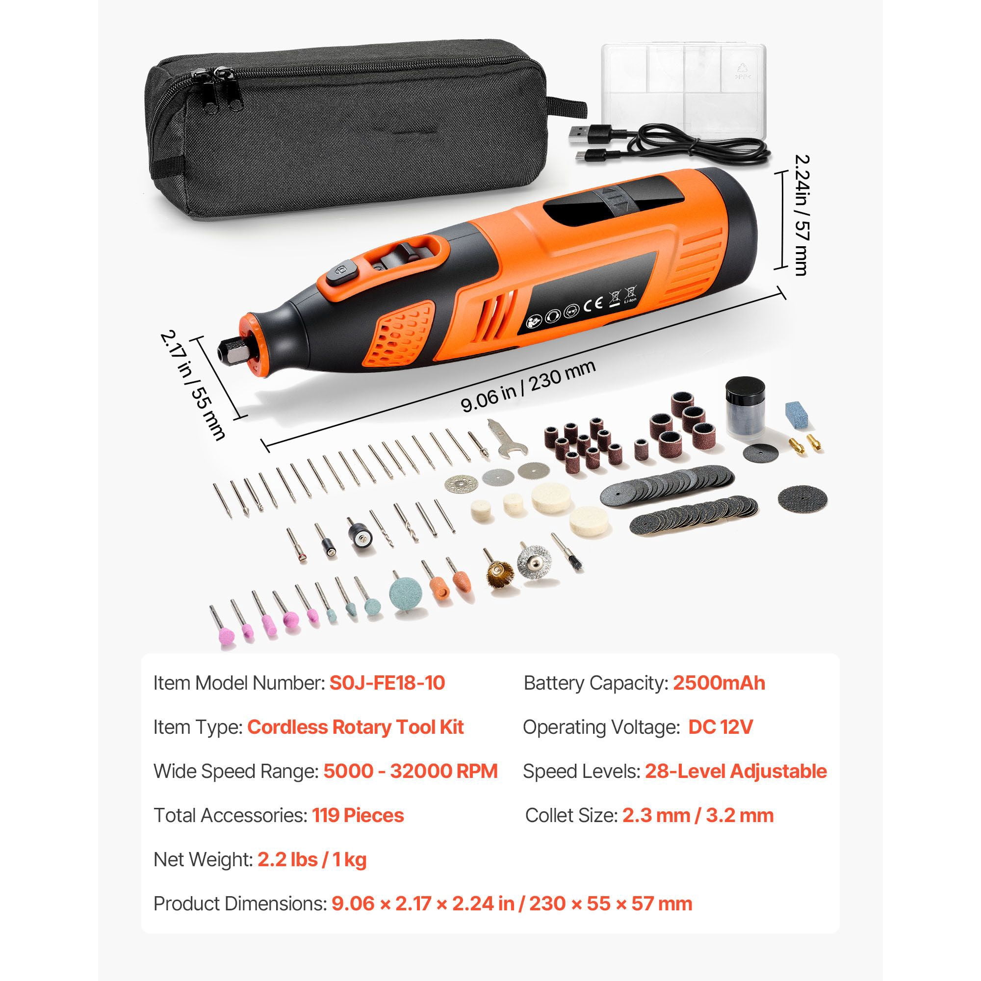 Cordless Rotary Tool Kit 119-Piece, DC12V with 28 Speeds 5000-32000 RPM, 2500mAh Battery, Digital Display, Type-C Charging for DIY Cutting Sanding Drilling