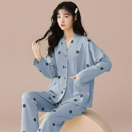 

DanceeMangoo Women Sleepwear Suit Autumn Winter Womens Cotton Long Sleeve Pajamas Set Loose Adult Mother Sleepwear Set Soft Home Wear Cloth