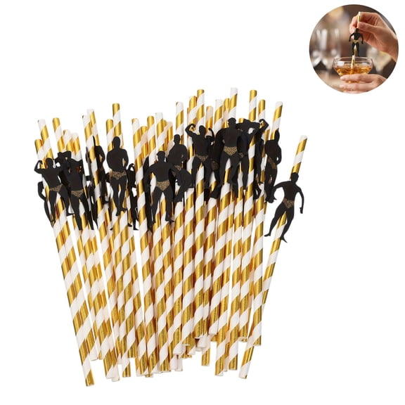 36 Pack Gold Striped Paper Drinking Straws with Decor, Disposable Party Straws, Fun Decorative Paper Straws for Night Drinks Dessert