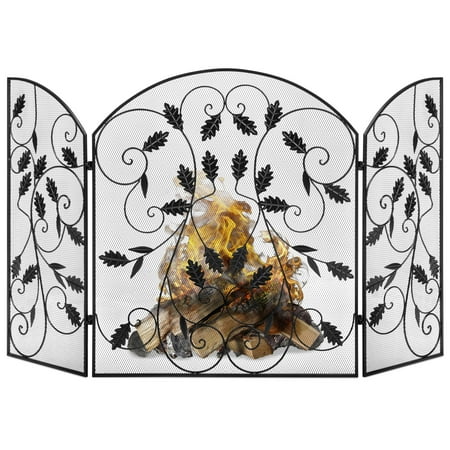 Stained Glass Decorative Fire Screens Best Choice Products 3-Panel 50x30in Steel Metal Mesh Protective Fireplace Screen Decor w/ Rustic Worn Finish, Scroll Leaf Decals ()