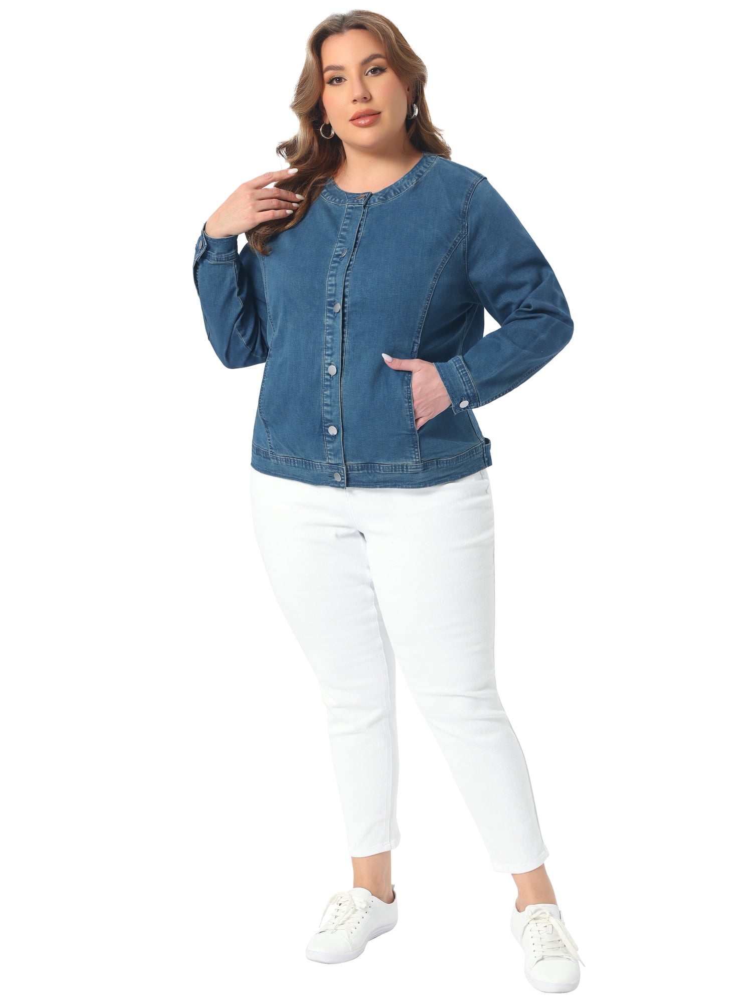 DARING DIVA Women's Plus Denim  Collarless Button Down Cargo Jean Shacket 3X Blue