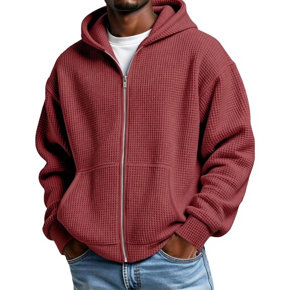 Waffle Knit Hoodies for Men Full Zip Hooded Cardigan with Pocket Lightweight Loose Fit Athletic Jackets 2026 Fall Outfits for Men(Red,XXXL)