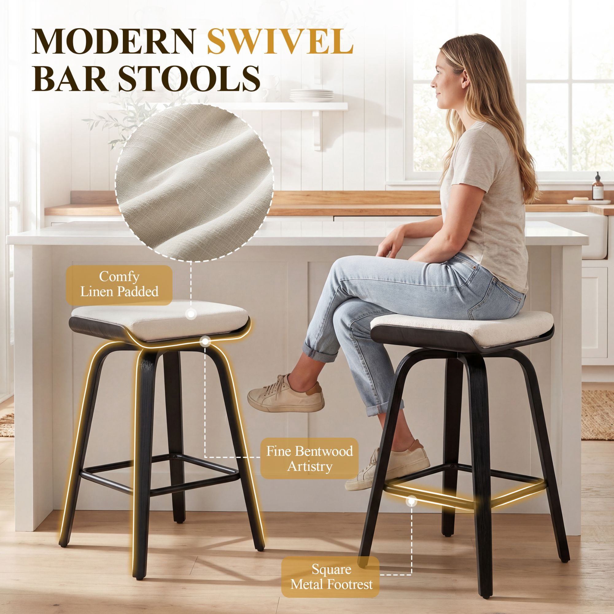 Guyou 26” Swivel Counter Height Bar Stools Without backrest, Upholstered Farmhouse Bar Stools with Footrest for Kitchen Island, White-Faux Sherpa(Set of 2)