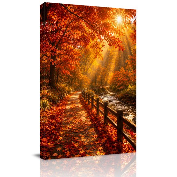 Canvas Wall Art, Fall Framed Canvas Prints for Hallway Living Room, Maple Leaves Forest Path Orange Trees Extra Large Gallery Wrapped Wall Decor for Home Office, Gifts, 20"x30" Ship Next Day